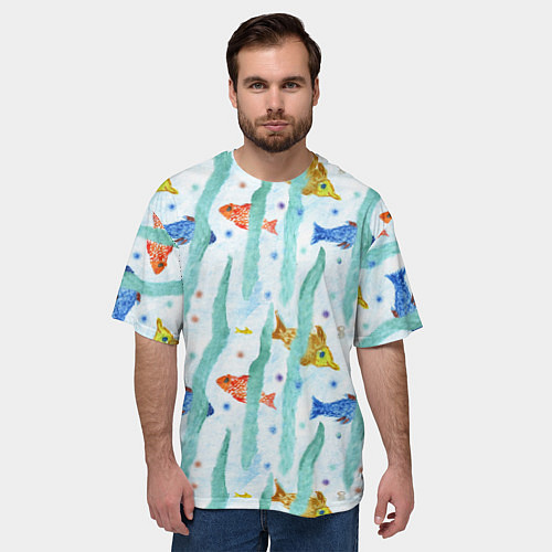 Мужская футболка оверсайз Детский рисунок рыбки акварель / 3D-принт – фото 3