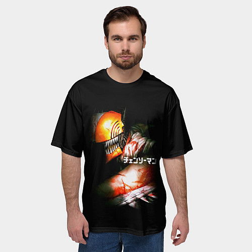 Мужская футболка оверсайз Человек-бензопила Дэндзи на чёрном фоне / 3D-принт – фото 3