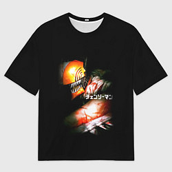 Футболка оверсайз мужская Человек-бензопила Дэндзи на чёрном фоне, цвет: 3D-принт