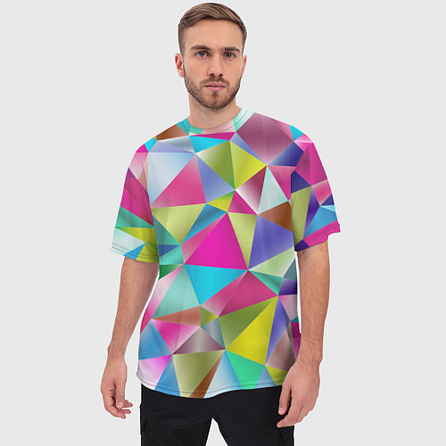 Мужская футболка оверсайз Радужные трехмерные треугольники / 3D-принт – фото 3