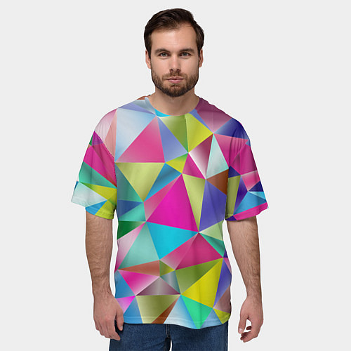 Мужская футболка оверсайз Радужные трехмерные треугольники / 3D-принт – фото 3