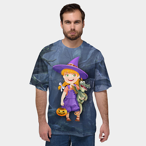 Мужская футболка оверсайз Ведьма малолетка в тёмном лесу с дракончиком / 3D-принт – фото 3