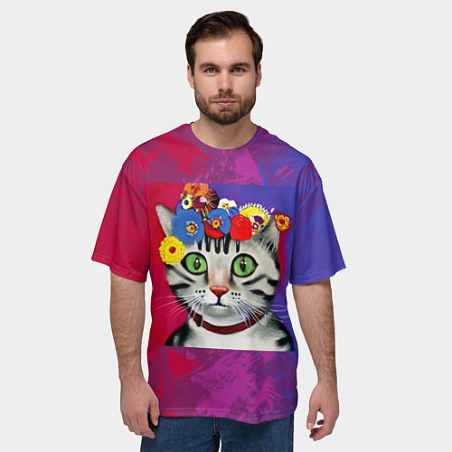 Мужская футболка оверсайз Кошка Фриды Кало из нейросети / 3D-принт – фото 3