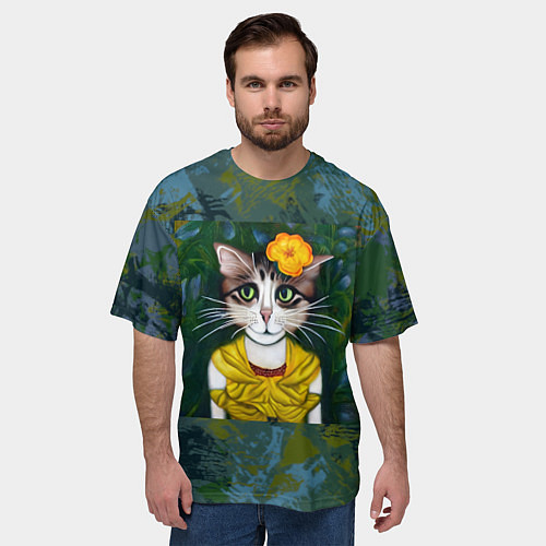 Мужская футболка оверсайз Грустная кошка Фриды Кало из нейросети / 3D-принт – фото 3