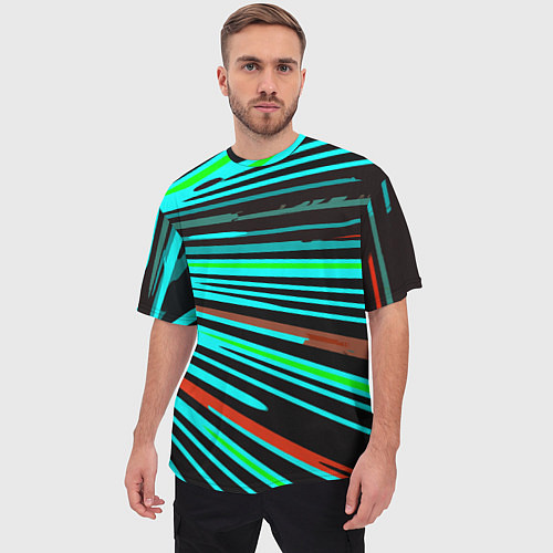 Мужская футболка оверсайз Расходящиеся неоновые лучи / 3D-принт – фото 3