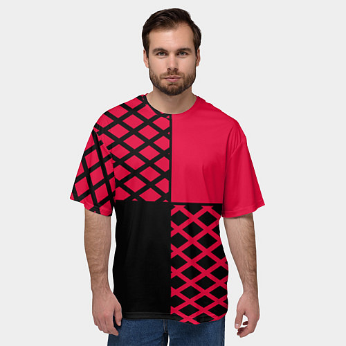 Мужская футболка оверсайз Черно-красный геометрический узор / 3D-принт – фото 3
