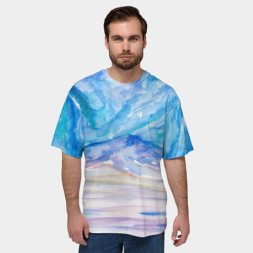 Мужская футболка оверсайз Заснеженный пейзаж акварель / 3D-принт – фото 3
