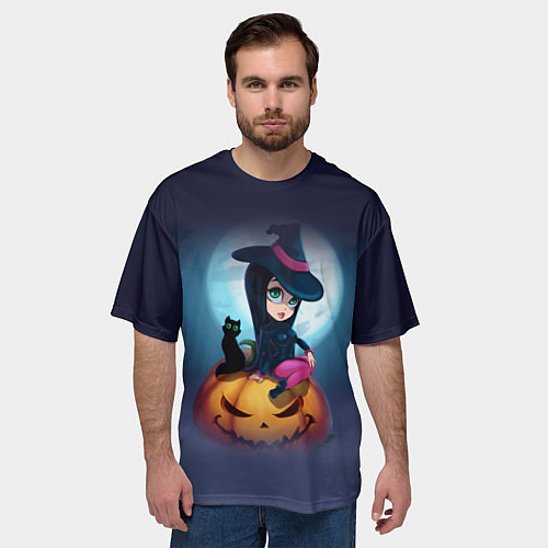 Мужская футболка оверсайз Маленькая прикольная ведьмочка с милым котёнком / 3D-принт – фото 3