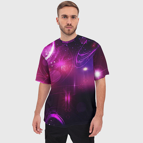 Мужская футболка оверсайз Фиолетовые неоновые блики / 3D-принт – фото 3