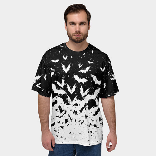 Мужская футболка оверсайз Black and white bat pattern / 3D-принт – фото 3