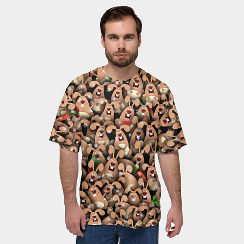 Мужская футболка оверсайз Новогодние зайцы / 3D-принт – фото 3