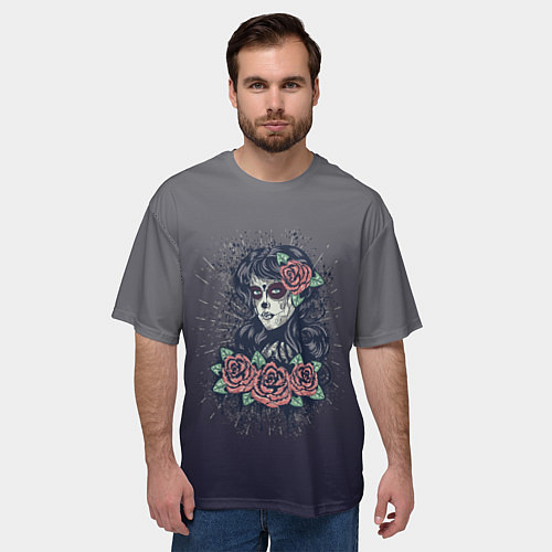Мужская футболка оверсайз Девушка в образе санта муэрте с макияжем сахарный / 3D-принт – фото 3