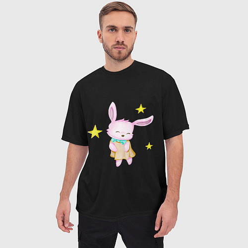 Мужская футболка оверсайз Крольчонок танцует со звёздами на чёрном фоне / 3D-принт – фото 3