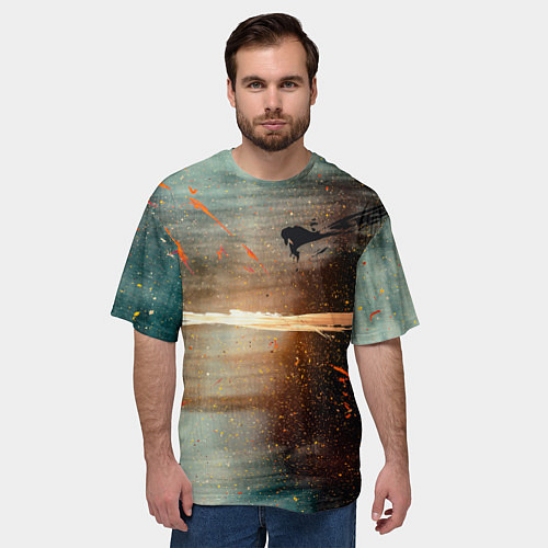 Мужская футболка оверсайз Светло-синий абстрактный фон и брызки красок / 3D-принт – фото 3