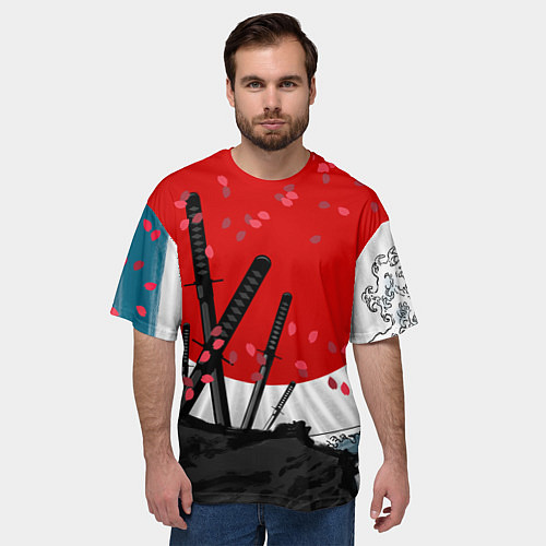 Мужская футболка оверсайз Солнце, волны и катаны / 3D-принт – фото 3