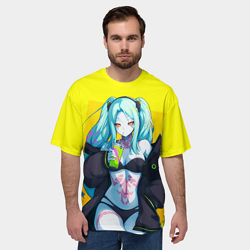 Мужская футболка оверсайз Ребекка пьет коктель - Киберпанк аниме / 3D-принт – фото 3