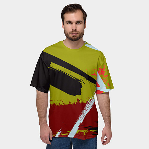 Мужская футболка оверсайз Множество красок на тёмно-зелёном фоне / 3D-принт – фото 3