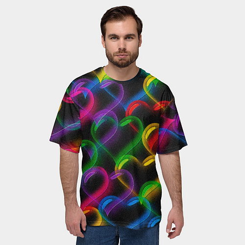 Мужская футболка оверсайз Граффити - неоновые сердца / 3D-принт – фото 3