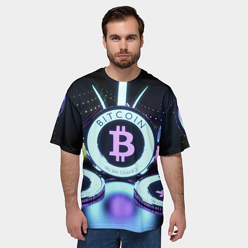 Мужская футболка оверсайз Неоновый светящийся биткоин / 3D-принт – фото 3