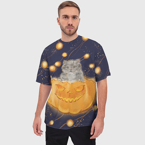 Мужская футболка оверсайз Котик в тыкве, хеллоуин / 3D-принт – фото 3