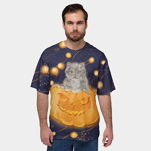 Мужская футболка оверсайз Котик в тыкве, хеллоуин / 3D-принт – фото 3