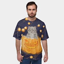 Футболка оверсайз мужская Котик в тыкве, хеллоуин, цвет: 3D-принт — фото 2