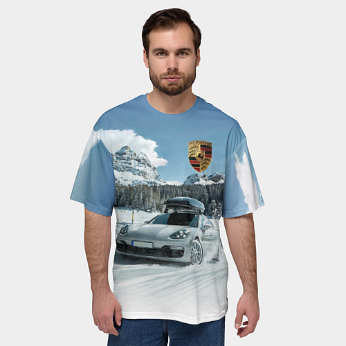 Мужская футболка оверсайз Porsche on a mountain winter road / 3D-принт – фото 3