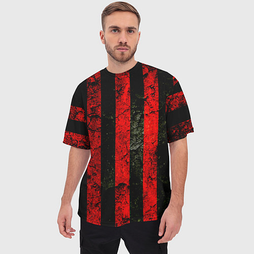 Мужская футболка оверсайз Красно-черный фон в полоску / 3D-принт – фото 3