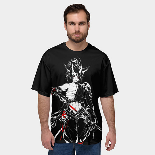 Мужская футболка оверсайз Кибер девушка самурай / 3D-принт – фото 3