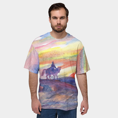 Мужская футболка оверсайз Одинокий всадник в степи на закате / 3D-принт – фото 3