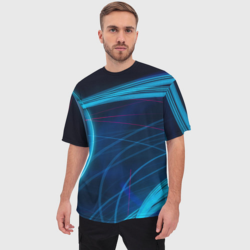 Мужская футболка оверсайз Синие абстрактные линии в темноте / 3D-принт – фото 3