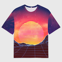 Мужская футболка оверсайз Абстрактные 3D неоновые горы на закате