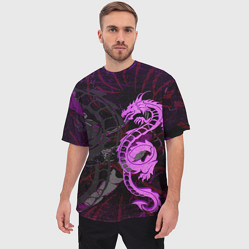 Мужская футболка оверсайз Неоновый дракон purple dragon / 3D-принт – фото 3