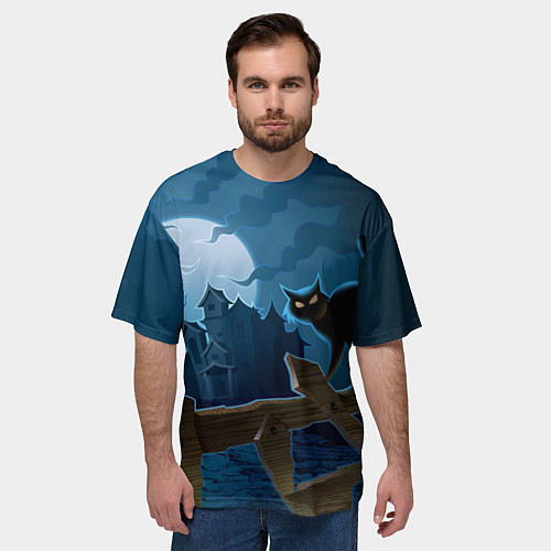 Мужская футболка оверсайз Хэллоуин - чёрный кот на заборе / 3D-принт – фото 3