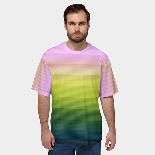 Мужская футболка оверсайз Яркий желтый зеленый розовый полосатый узор / 3D-принт – фото 3