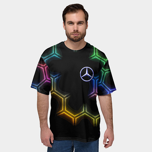 Мужская футболка оверсайз Mercedes - neon pattern / 3D-принт – фото 3
