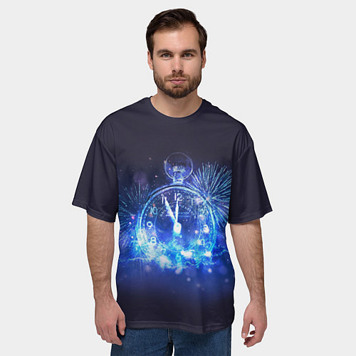 Мужская футболка оверсайз Часы в Новый год на фоне салюта / 3D-принт – фото 3