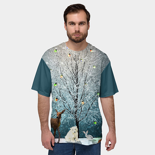 Мужская футболка оверсайз Звери в новогоднем лесу / 3D-принт – фото 3