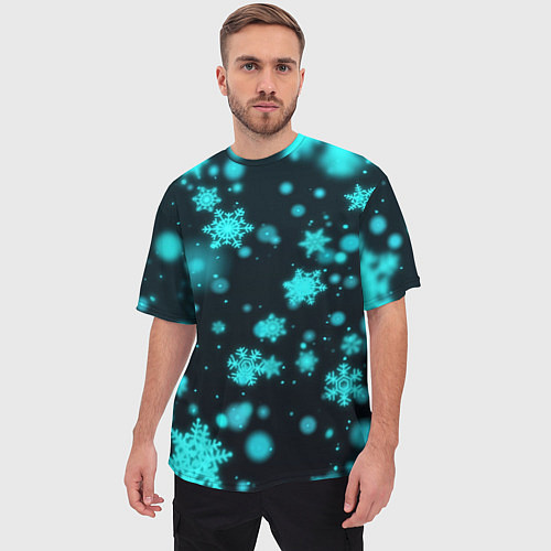 Мужская футболка оверсайз Неоновые снежинки на черном фоне / 3D-принт – фото 3