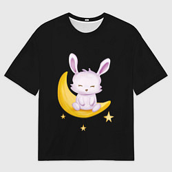 Футболка оверсайз мужская Крольчонок сидит на месяце на чёрном фоне, цвет: 3D-принт