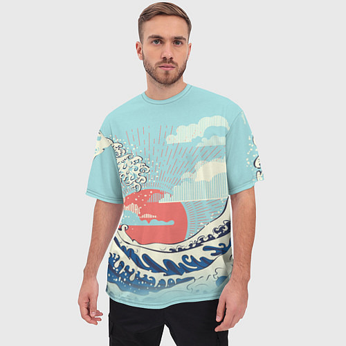 Мужская футболка оверсайз Морской пейзаж с большими волнами на закате / 3D-принт – фото 3
