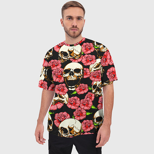 Мужская футболка оверсайз Черепа и розы / 3D-принт – фото 3