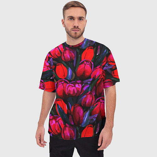 Мужская футболка оверсайз Тюльпаны - поле красных цветов / 3D-принт – фото 3