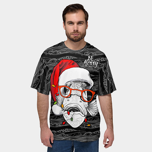 Мужская футболка оверсайз Be merry, fish, Santa Claus / 3D-принт – фото 3