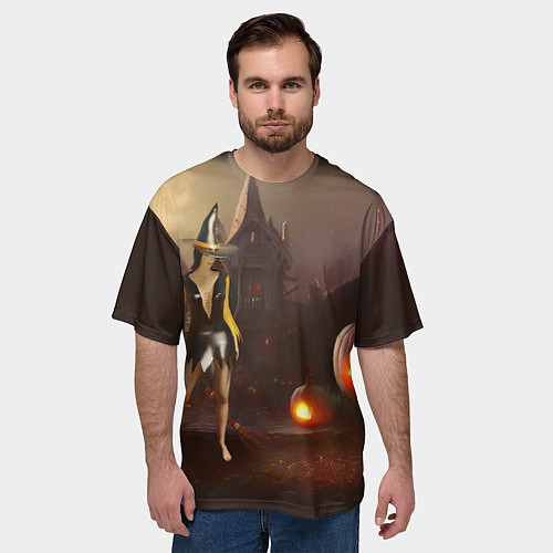 Мужская футболка оверсайз Ведьма с метлой и тремя тыквами возле старого дома / 3D-принт – фото 3