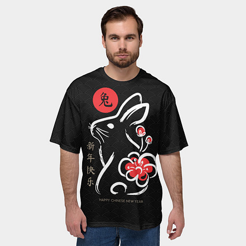 Мужская футболка оверсайз Rabbit with flower, chinese new year / 3D-принт – фото 3