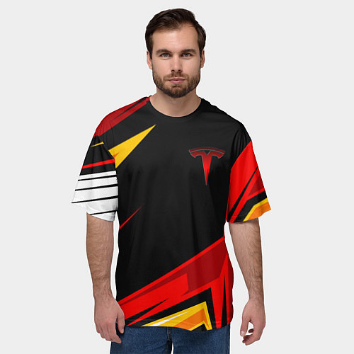 Мужская футболка оверсайз Тесла - Оранжевая спортивная / 3D-принт – фото 3