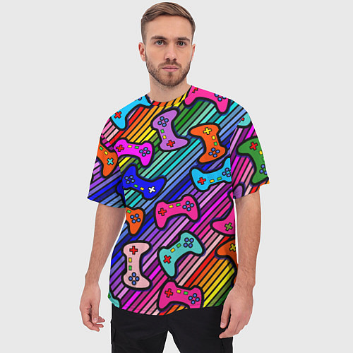 Мужская футболка оверсайз Многоцветные полоски с джойстиками / 3D-принт – фото 3