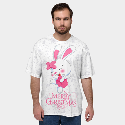 Мужская футболка оверсайз Merry Christmas, cute bunny / 3D-принт – фото 3