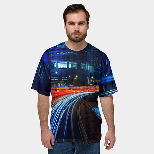 Мужская футболка оверсайз Ночной мегаполис night city / 3D-принт – фото 3